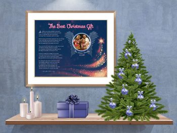 Blue Angel Wings with Tree Christmas Art Poem in Frame with Mat