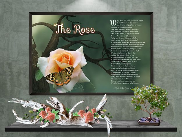 Poster Rose with Peach Flower on Tree Art Poem Print Framed