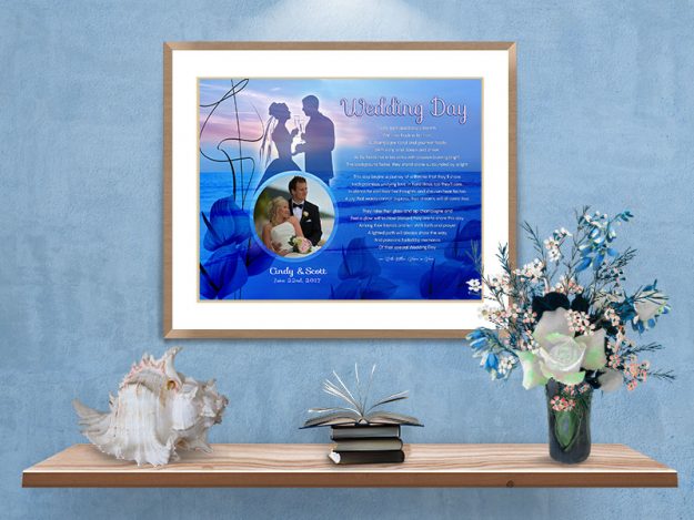 Sunset Beach with Cally Lilly Personalized Wedding Art Poem in Black Frame with Mat