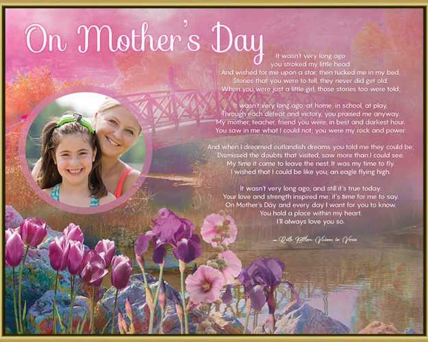 Pink Bridge with Flowers Personalized Mother's Day Art Poem Print in Gold Frame