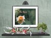 The Rose Peach Flower on Branch with Butterfly in Frame with Mat