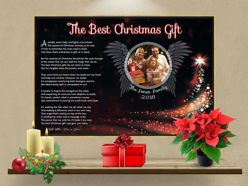Personalized Christmas Tree Angel Wings Art Poem in Black/Gold Canvas Floater Frame