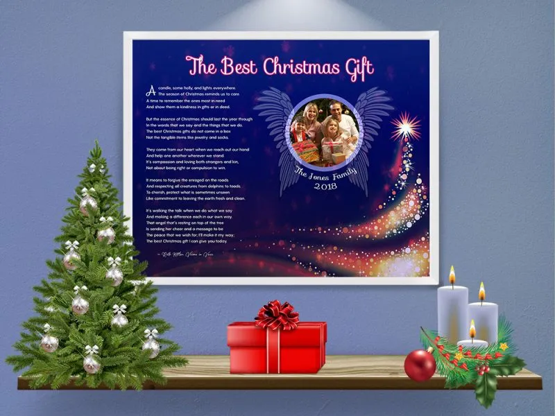 Personalized Christmas Tree Angel Wings Art Poem in White Metal Frame