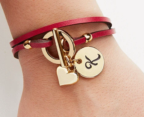Raspberry Leather Wrap Personalized Charm Bracelet