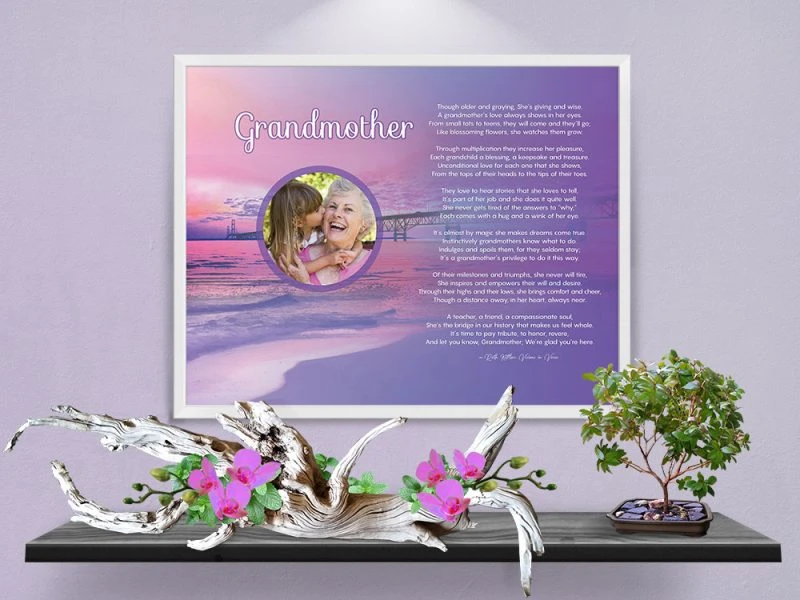 Personalized Grandmother Beach Art Poem in White Metal Frame