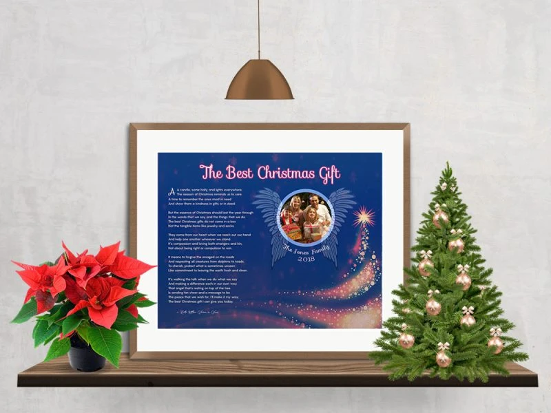 Personalized Christmas Tree Angel Wings Art Poem in Matted Gold Metal Frame